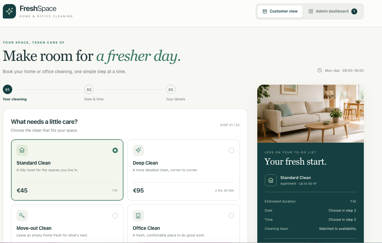 FreshSpace Cleaning booking and owner dashboard preview