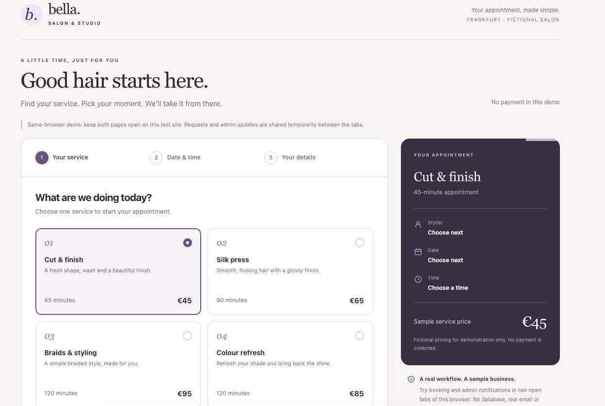 Bella Salon appointment booking system preview