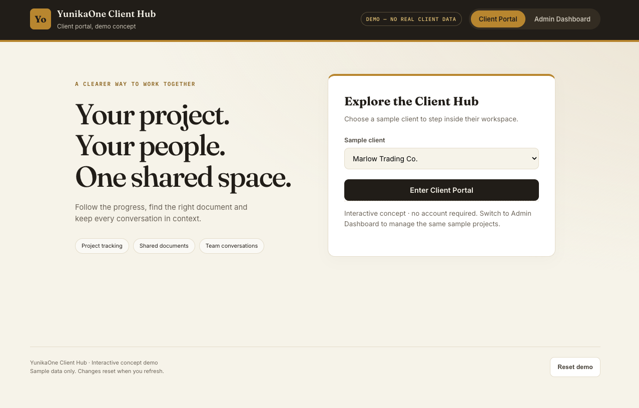 YunikaOne Client Hub client portal preview